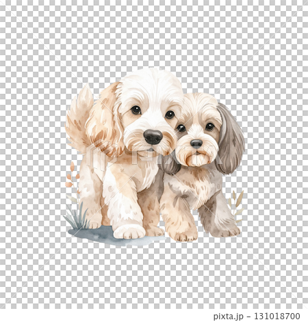 A small watercolor puppy sits on a white background 131018700