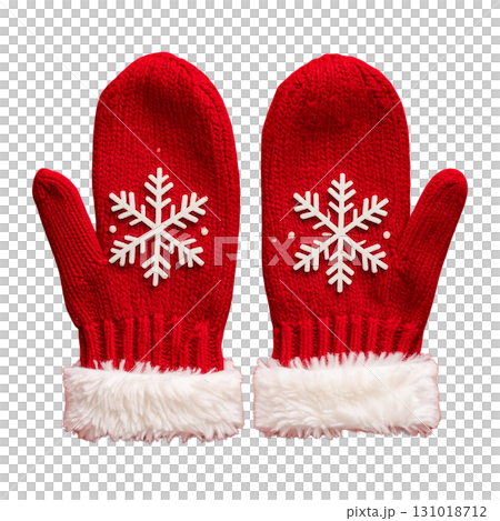 A pair of soft red knitted winter gloves isolated on a white background. 131018712