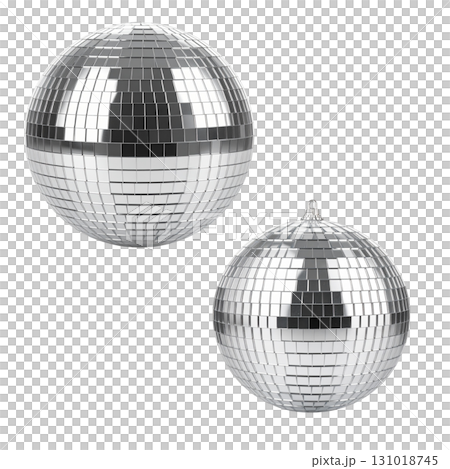 Shiny spherical disco ball with reflective mirror surface on white background. 131018745