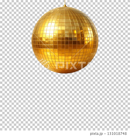 Shiny golden disco ball with reflective mirror surface on white background. 131018748