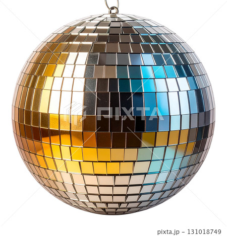Shiny spherical disco ball with reflective mirror surface on white background. 131018749
