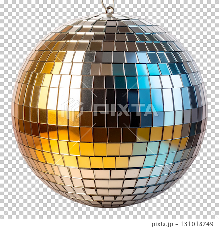 Shiny spherical disco ball with reflective mirror surface on white background. 131018749