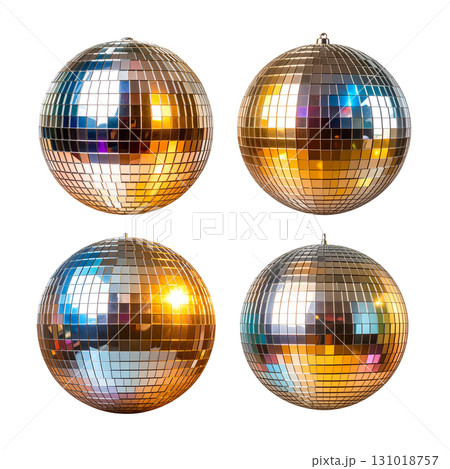 A silver disco ball shimmering with colorful reflections on a white background 131018757