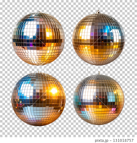 A silver disco ball shimmering with colorful reflections on a white background 131018757