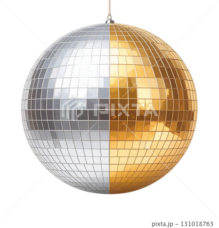 Shiny disco ball with reflective mirror tiles like golden planets on white background. 131018763