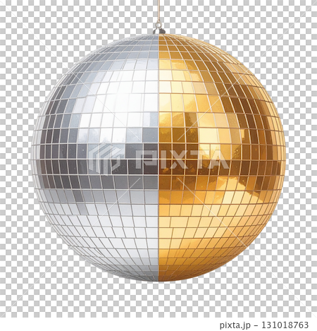 Shiny disco ball with reflective mirror tiles like golden planets on white background. 131018763