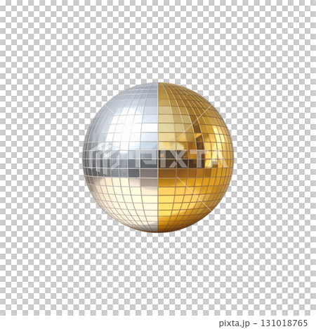 Shiny disco ball with reflective mirror tiles like golden planets on white background. 131018765