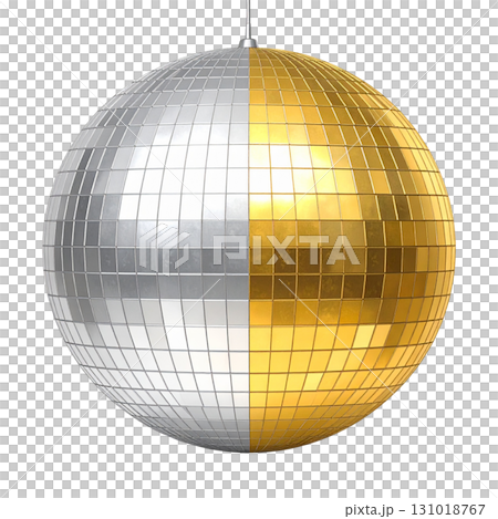 Shiny disco ball with reflective mirror tiles like golden planets on white background. 131018767