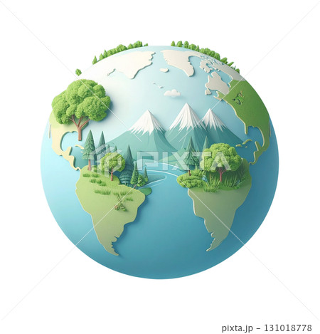 Illustration of a green earth icon with lush green trees symbolizing a healthy world. 131018778