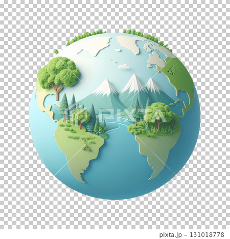 Illustration of a green earth icon with lush green trees symbolizing a healthy world. 131018778