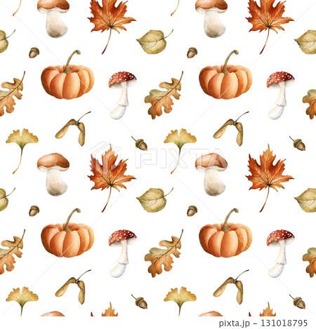 Pumpkin Mushrooms Autumn Leaves Acorn Seeds. Watercolor hand painted floral forest seamless pattern on white background fall design cozy prints cute home kitchen table textile fabric wrapping paper 131018795