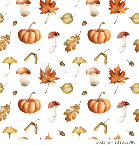 Pumpkin Mushrooms Autumn Leaves Acorn Seeds. Watercolor hand painted floral forest seamless pattern on white background fall design cozy prints cute home kitchen table textile fabric wrapping paper 131018796