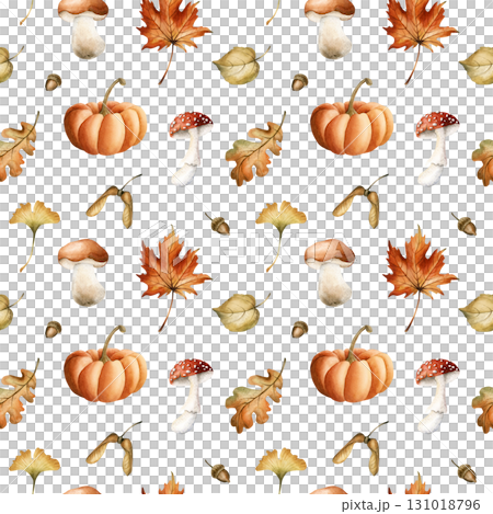 Pumpkin Mushrooms Autumn Leaves Acorn Seeds. Watercolor hand painted floral forest seamless pattern on white background fall design cozy prints cute home kitchen table textile fabric wrapping paper 131018796