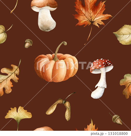 Pumpkin Mushrooms Autumn Leaves Acorn Seeds. Watercolor hand painted floral forest seamless pattern on brown background fall design cozy prints cute home kitchen table textile fabric wrapping paper 131018800