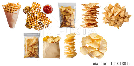 Collection of 3 set potato fry fries chips, Potato chip, Criss cut waffle, Tortilla corn nacho, in stack pile, packet foil wrap on transparent cutout PNG. Mockup template 131018812