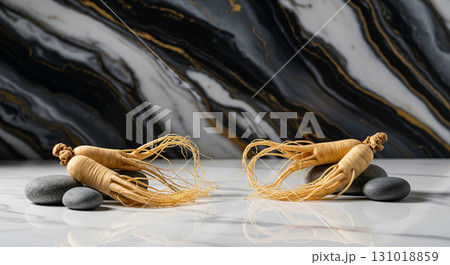 Ginseng with Stones and Marble Background 131018859