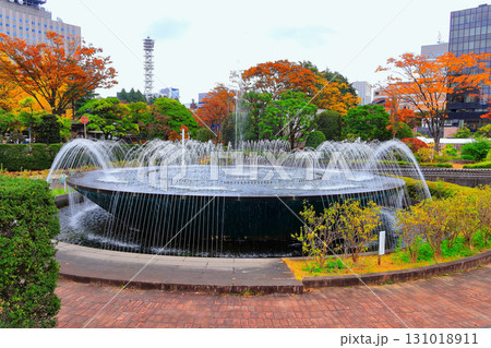 噴水のある市役所庭園と鮮やかな紅葉の都市風景 131018911