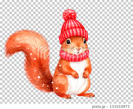 Cute squirrel with nuts and Santa hat celebrating the festive season on white background 131018975