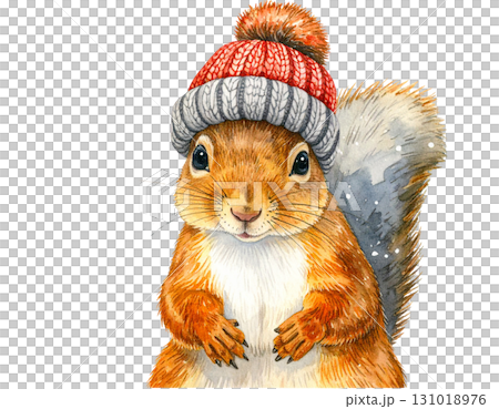 Cute squirrel with nuts and Santa hat celebrating the festive season on white background 131018976