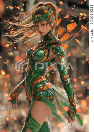 神秘的な生命の輝き（ネツァク 04） 緑の鎧と生命の炎を象徴する幻想アート 131019031