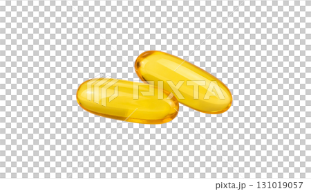 Yellow capsules of cod liver oil supplement on a white background. 131019057