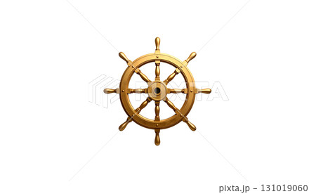 A wooden steering wheel of a seagoing ship, also known as a rudder, is isolated on a white background. 131019060
