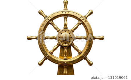A wooden steering wheel of a seagoing ship, also known as a rudder, is isolated on a white background. A wooden steering wheel of a seagoing ship, also known as a rudder, is isolated on a white background. 131019061