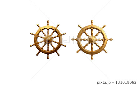 A wooden steering wheel of a seagoing ship, also known as a rudder, is isolated on a white background. 131019062