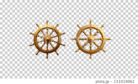 A wooden steering wheel of a seagoing ship, also known as a rudder, is isolated on a white background. 131019062