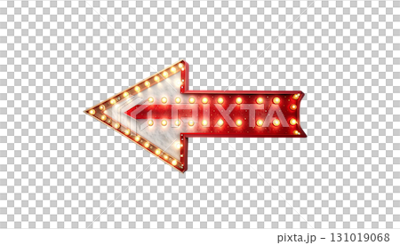 Bright red neon arrow symbol with gold star decoration pointing on white background. 131019068