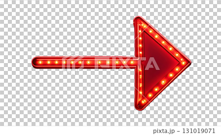 Bright red neon arrow symbol with gold star decoration pointing on white background. 131019071