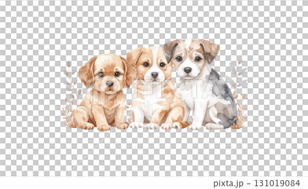 Cute watercolor group of puppies and different breeds of dogs sitting together on white background 131019084