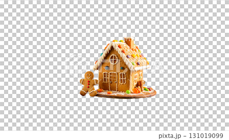 A sweet gingerbread house decorated with icing sugar and colorful candies stands alone on a white background. A sweet gingerbread house decorated with icing sugar and colorful candies stands alone on a white background. 131019099