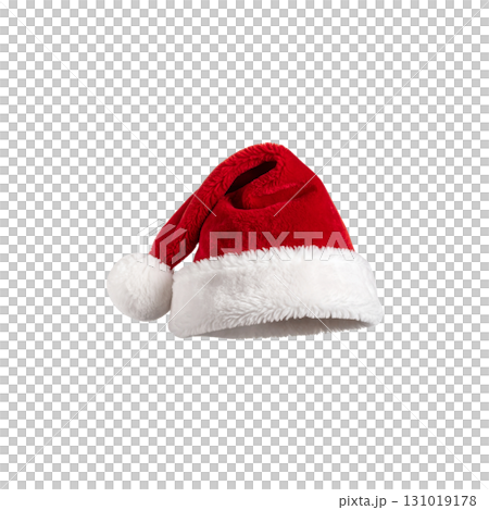 A bright red Santa hat with white fur trim sits on a white background A bright red Santa hat with white fur trim sits on a white background 131019178