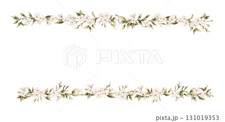 White small flowers with leaves frame. Jasmine, orange, apple blossom. Watercolor hand painted cute floral isolated illustration for wedding design, home textile, porcelain crockery, cosmetic package 131019353
