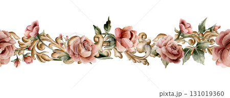 Roses with golden decorative vintage ornaments seamless border in Victorian baroque style. Dusty pink garden flowers. Watercolor hand painted floral isolated illustration wedding card textile fabric Roses with golden decorative vintage ornaments seamless border in Victorian baroque style. Dusty pink garden flowers. Watercolor hand painted floral isolated illustration wedding card textile fabric 131019360