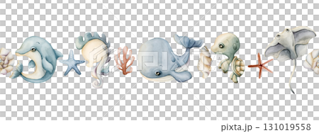 Cute sea animals Starfish Shell Adorable underwater world. Whale dolphin seahorse stingray turtle. Watercolor summer seamless border on white background for kids baby nursery textile fabric wrapping Cute sea animals Starfish Shell Adorable underwater world. Whale dolphin seahorse stingray turtle. Watercolor summer seamless border on white background for kids baby nursery textile fabric wrapping 131019558