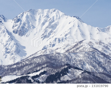 白馬岩岳スノーフィールドのかも1リフト山頂から杓子岳を望む 131019790