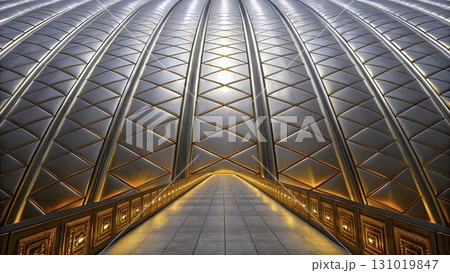 Stunning architectural design of a modern interior with a vaulted ceiling at twilight Stunning architectural design of a modern interior with a vaulted ceiling at twilight 131019847