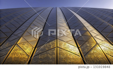 Modern architectural design of a unique building's exterior highlighting  patterns at sunset Modern architectural design of a unique building's exterior highlighting  patterns at sunset 131019848