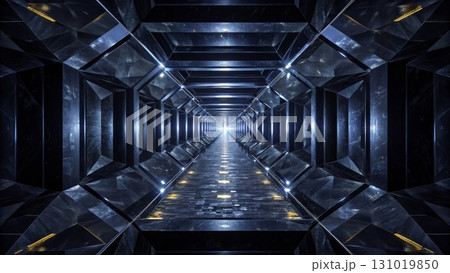 Bright blue futuristic tunnel with reflections and light at the end creating a sense of  mystery 131019850