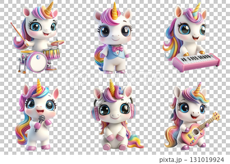 Cute cartoon unicorn musician set. AI-generated item 131019924