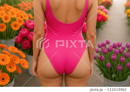 Bold Magenta Swimsuit Back Among Buckets of Vibrant Spring Flowers 131019962