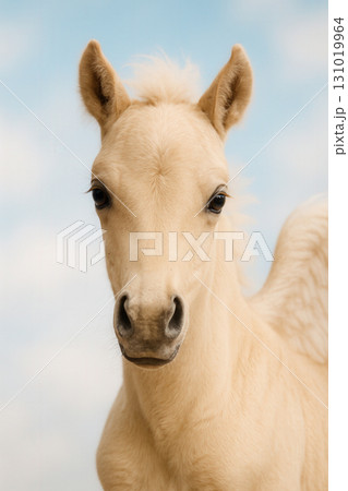 Cream Pegasus Foal With Soft Wings Under Blue Sky 131019964