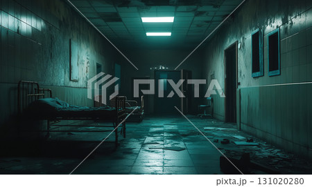 Abandoned hospital corridor decaying bed peeling paint broken tiles eerie lighting dark atmosphere unsettling empty damaged walls neglected medical facility evoke haunting mysterious mood. Abandoned hospital corridor decaying bed peeling paint broken tiles eerie lighting dark atmosphere unsettling empty damaged walls neglected medical facility evoke haunting mysterious mood. 131020280