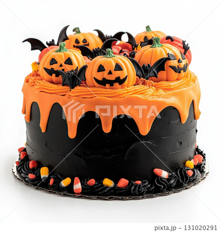 Halloween cake decorated with cute pumpkin and bat toppers features orange icing drip and candy corn accents creating festive and playful dessert for spooky celebrations 131020291