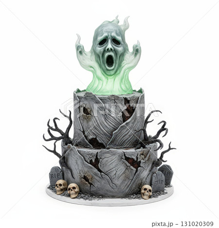 Halloween cake with ghostly face topper features cracked stone effect, glowing green spirit, skulls, tombstones and twisted branches for spooky celebration centerpiece 131020309