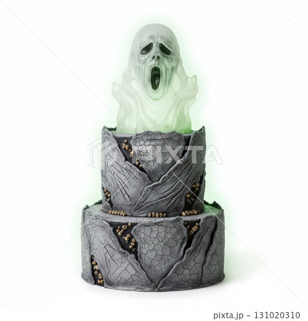 Halloween cake with spooky ghost topper features cracked stone like fondant and eerie details, perfect for haunted celebration or themed party centerpiece. 131020310