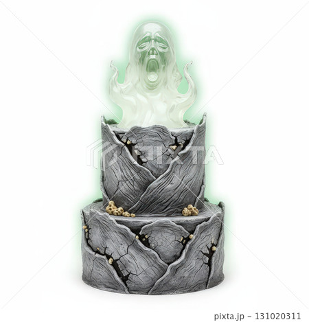 Halloween cake with eerie ghostly face emerging from cracked stone like gray icing glowing with green light, perfect for spooky party or haunted celebration 131020311