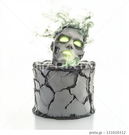 Halloween cake features cracked stone effect with spooky head emerging from top glowing green eyes and mouth with eerie smoke for dramatic and haunting celebration 131020312